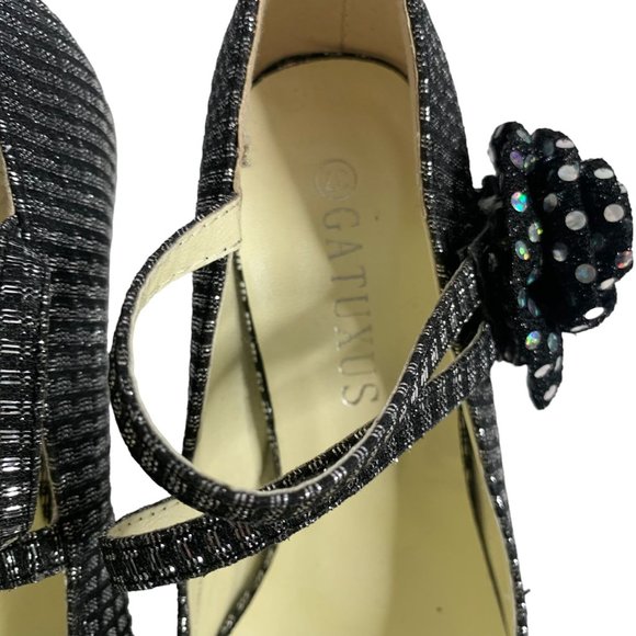 Gatuxus Metallic Platform High Heels Womens 7 Black Silver Straps Flower - Picture 8 of 9